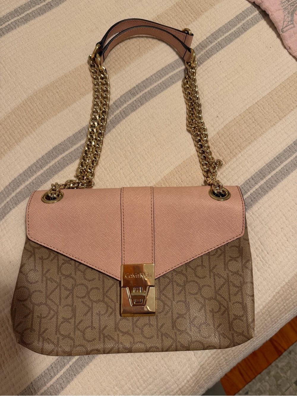 Calvin Klein Pink and Brown Monogram Chain Shoulder Bag